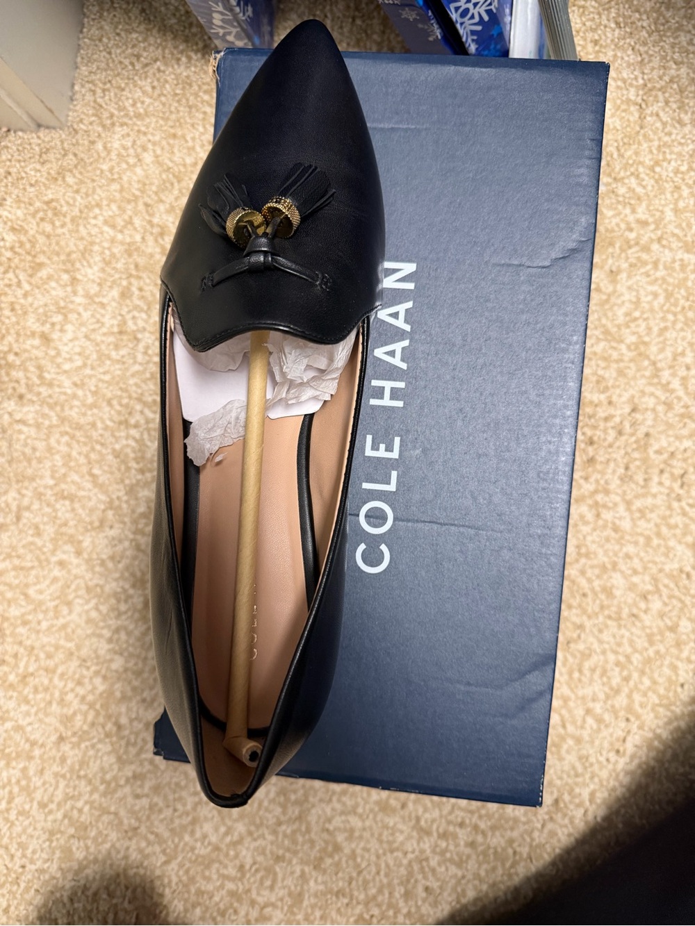 Cole Haan Black Leather Pointed Tassel Loafer